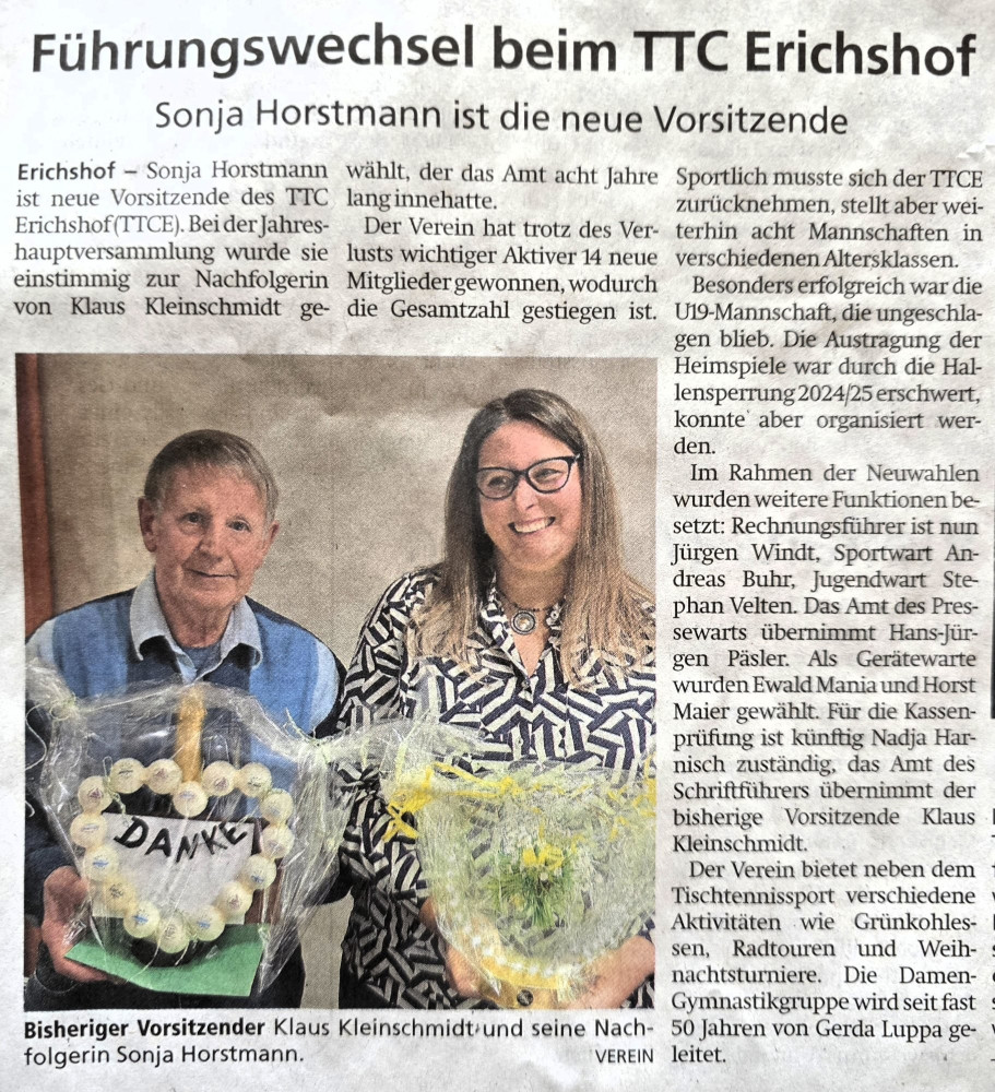 In der Kreiszeitung vom 20.02.2026: Führungswechsel beim TTCE