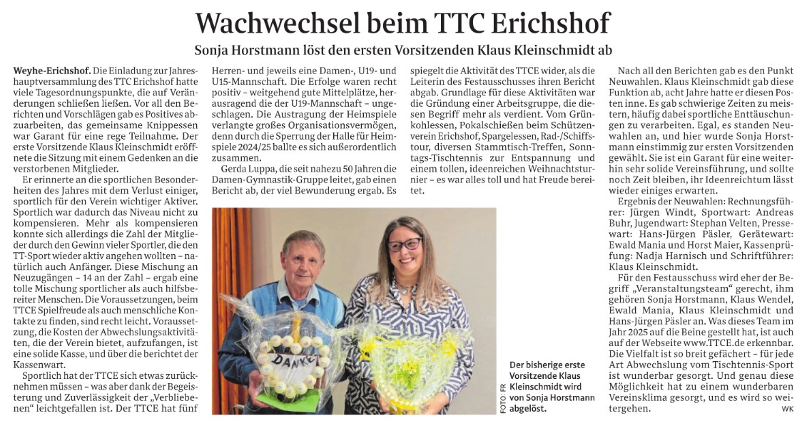 Im Weser-Kurier vom 17.03.2026: Wachwechsel beim TTC Erichshof