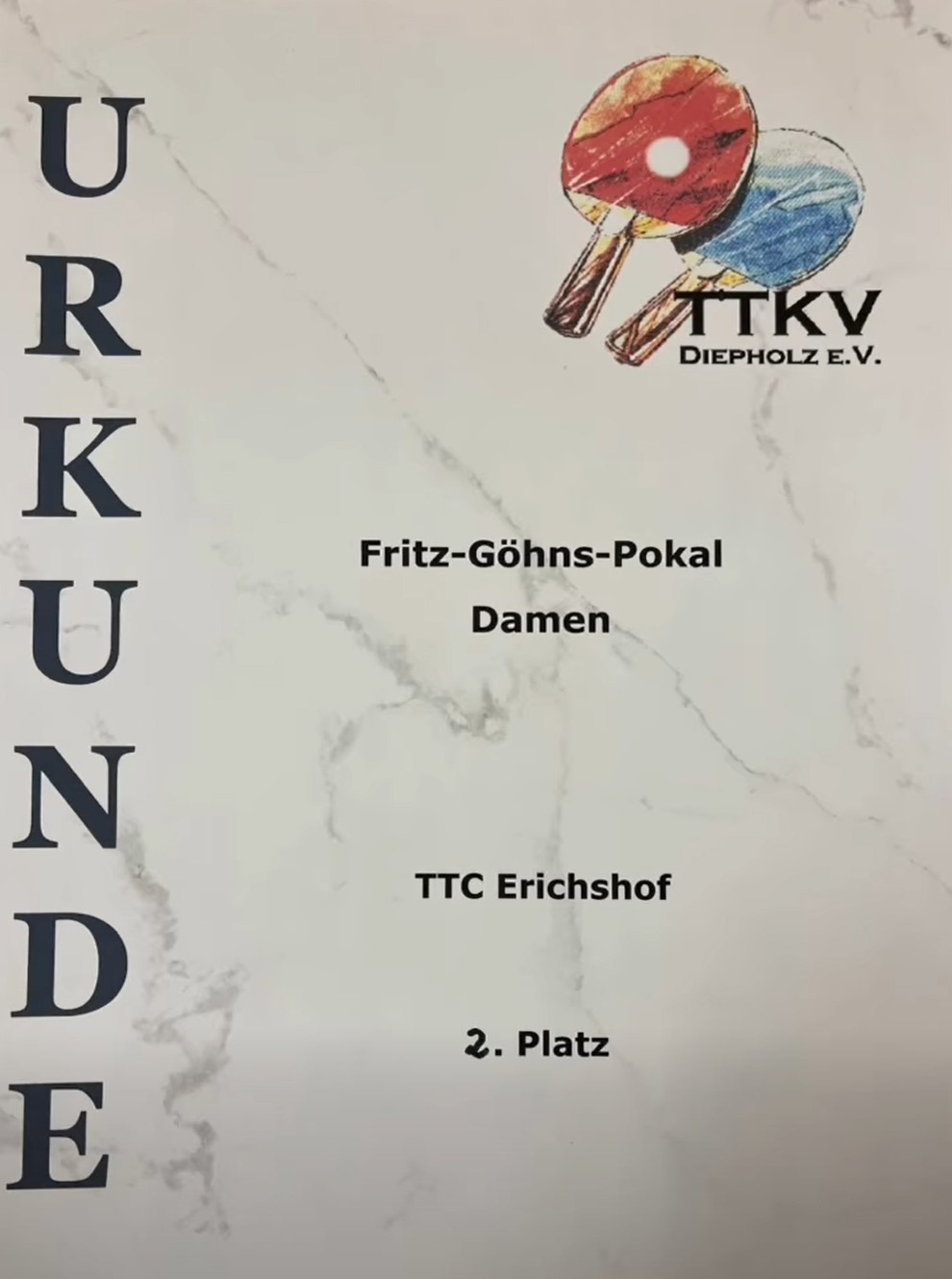 Die Urkunde für den 2. Platz der TTCE-Damen im Fritz-Göhns-Pokal