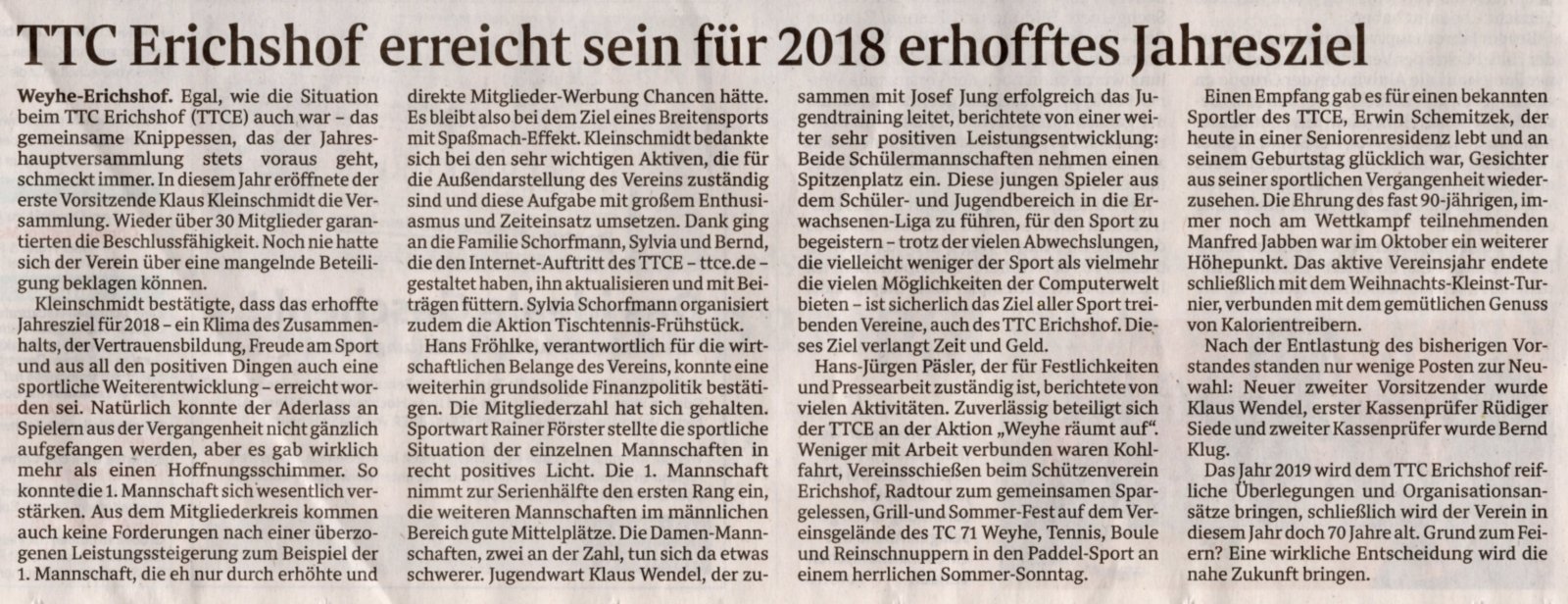 Weser Kurier vom 10.02.2019 -TTCE erreicht sein für 2018 erhofftes
Jahresziel-