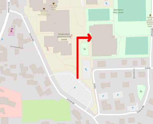 Anfahrt zur Leester Sporthalle, Fußweg zum Eingang (Quelle: OpenStreetMap)