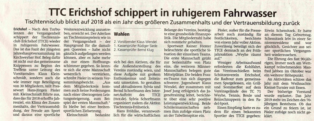 Kreiszeitung vom 23.01.2019 -TTCE schippert in ruhigerem
Fahrwasser-