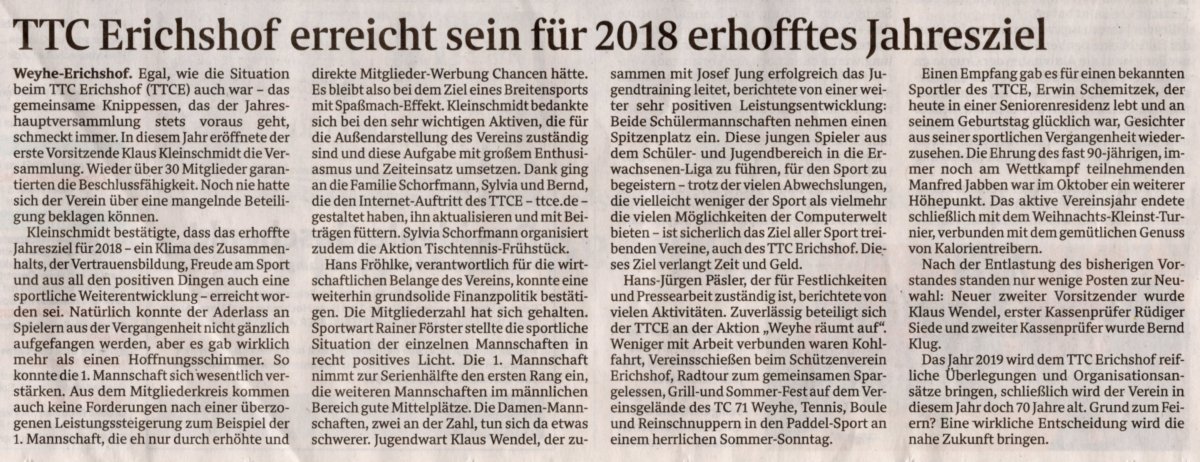 Weser Kurier vom 10.02.2019 -TTCE erreicht sein für 2018 erhofftes
Jahresziel-