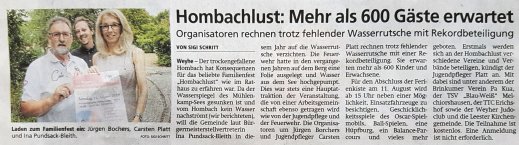 Kreiszeitung vom 03.08.2019: "Hombachlust: Mehr als 600 Gäste
erwartet"