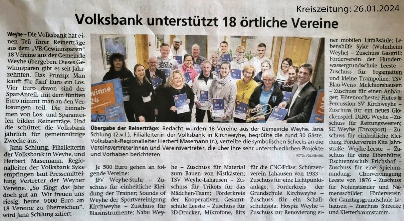 Kreiszeitung Artikel vom 26.01.2024 -Volksbank unterstützt 18
oertliche
Vereine-