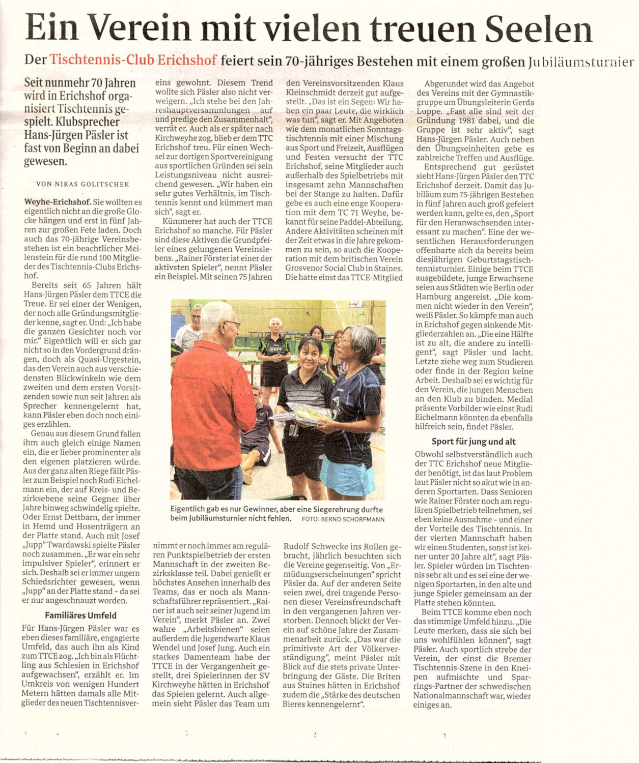 Regionale Rundschau des Weser Kurier vom 29.09.2019 - Ein Verein mit
vielen treuen
Seelen-