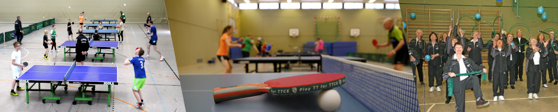 Drei geteiltes Banner: Blick über fünf Tischtennis-Tische an denen Kinder und Jugendliche beaufsichtigt von Trainern mit Erwachsenen trainieren. Nahaufnahme eines Tischtennis-Schlägers mit Spruch 'Play TT for TTCE' auf der Seite mit Trainierenden verschwommen im Hintergrund. Gruppenbild der Gymnastik-Damen mit Dehnbändern, Reifen und in die Luft geworfenen Bällen.