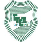 Logo des TTCE e.V. von 1949 (Grün umrandetes Wappen mit diagonal grün schraffierten Flächen und dem Text)